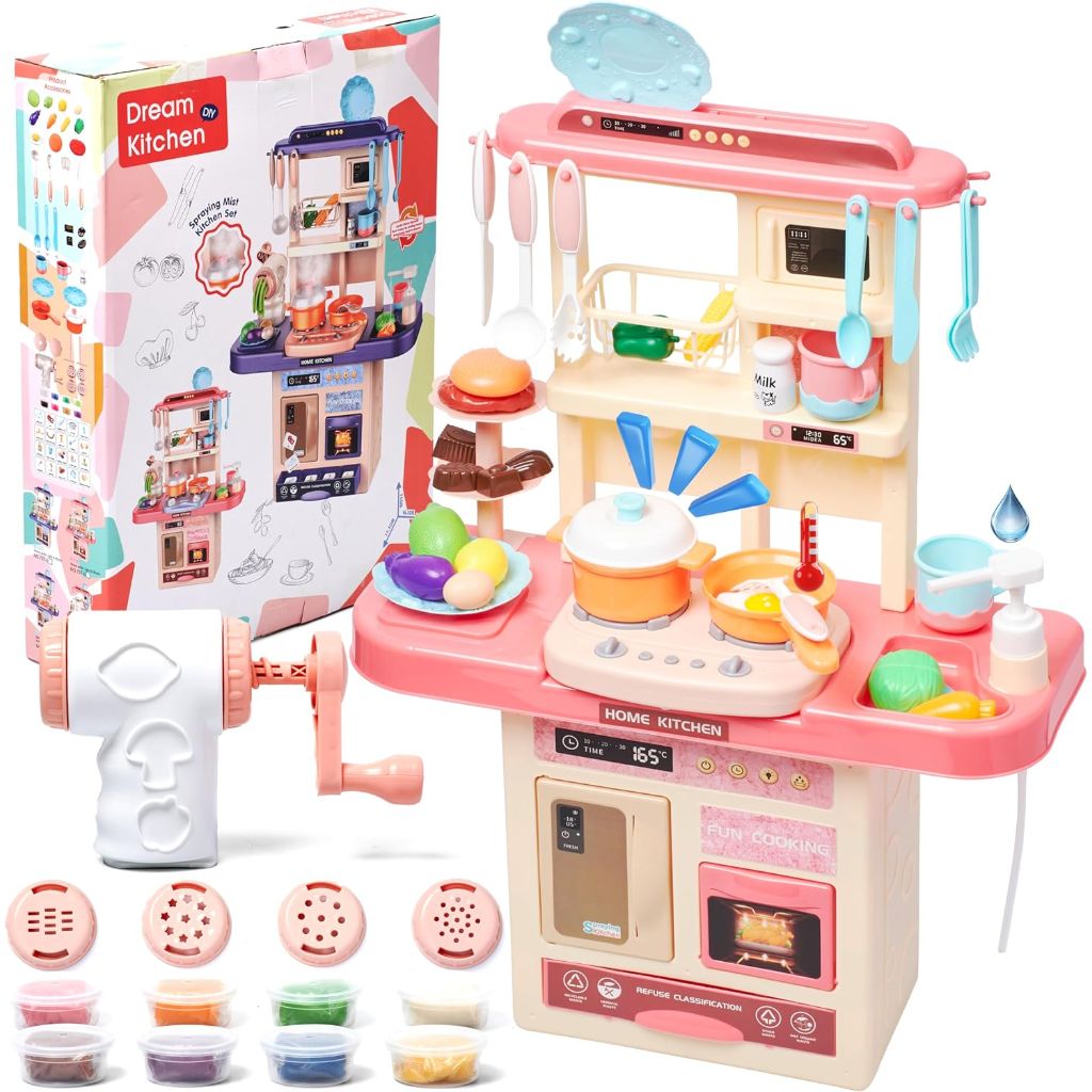 Prextex Plastic Pretend Play Kitchen Set with Dishwasher and Oven, Stove with Lights/Sounds, Working Faucet with Water Circulation