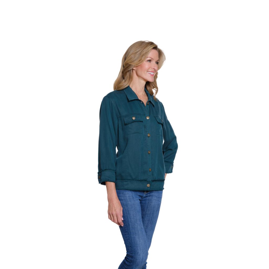 MULTIPLES Women's Cuffed 3/4 Sleeve Drop Shoulder 2-Pocket Button Front Fringe Trim Jacket, Deep Green, Medium