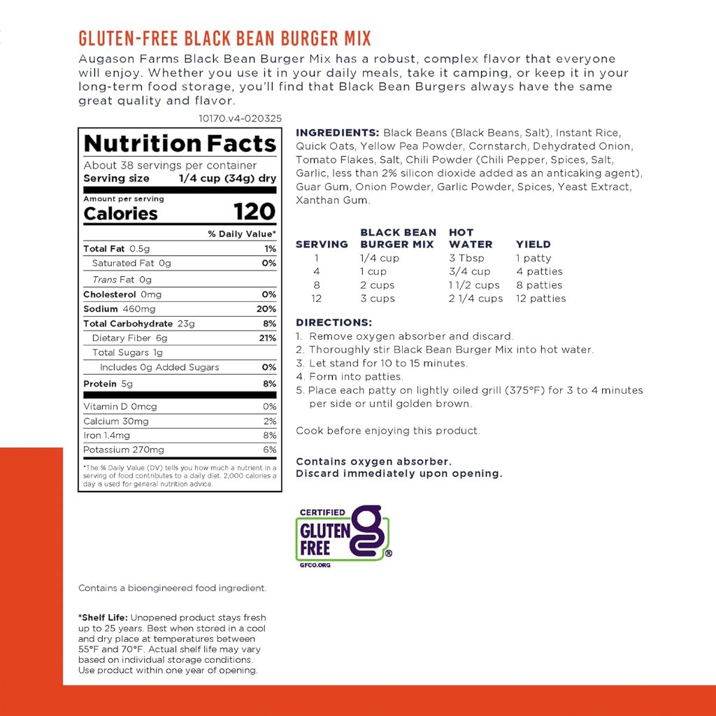 Augason Farms Black Bean Burger Mis, Emergency Food Supply, 46oz (38 Servings)