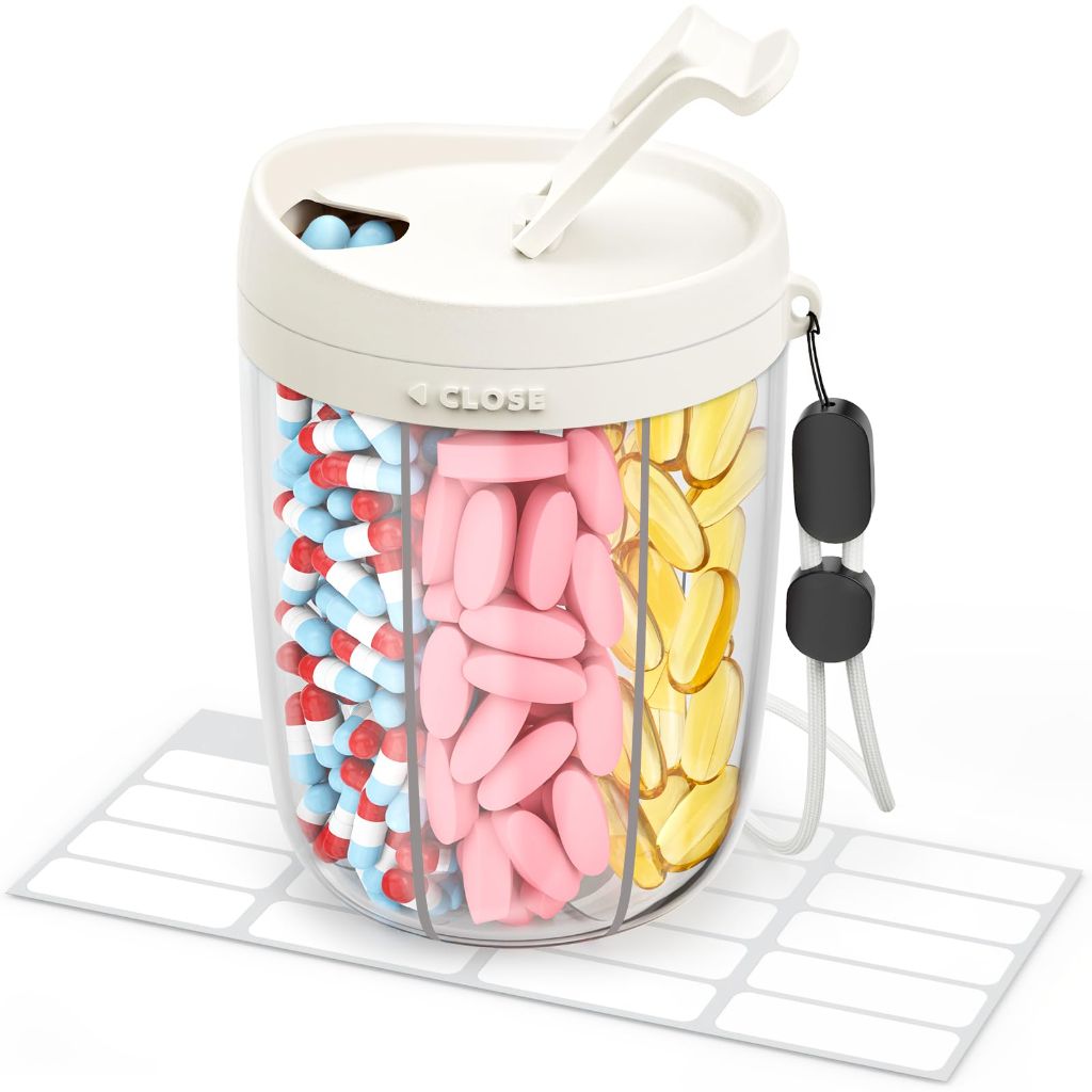 AMOOS Large Pill Dispenser with 6 Compartments, Anti-Mix Pill Bottle Organizer with Wide Opening & Easy Retrieval, Vitamin Organizer for Travel, BPA-Free Pill Box with a Strap, White