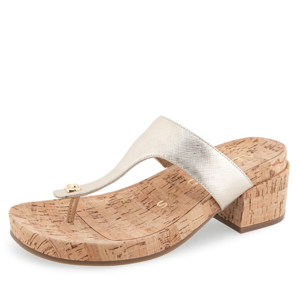 Aerosoles Women's Clio Heeled Thong Sandal, Gold Metallic Textured Faux Leather with Cork, 5.5M