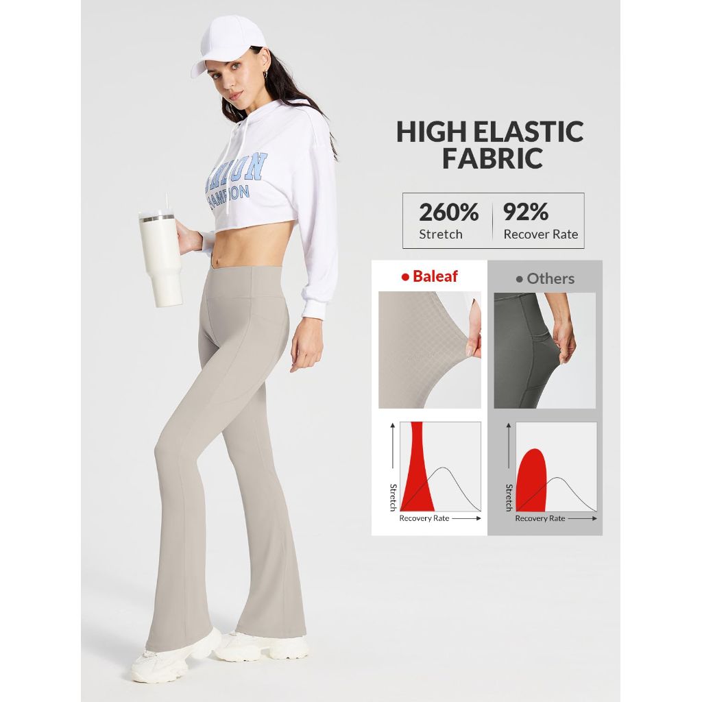 SZ L, Baleaf Khaki Pants for Women Flare Leggings with Pockets High Waist
