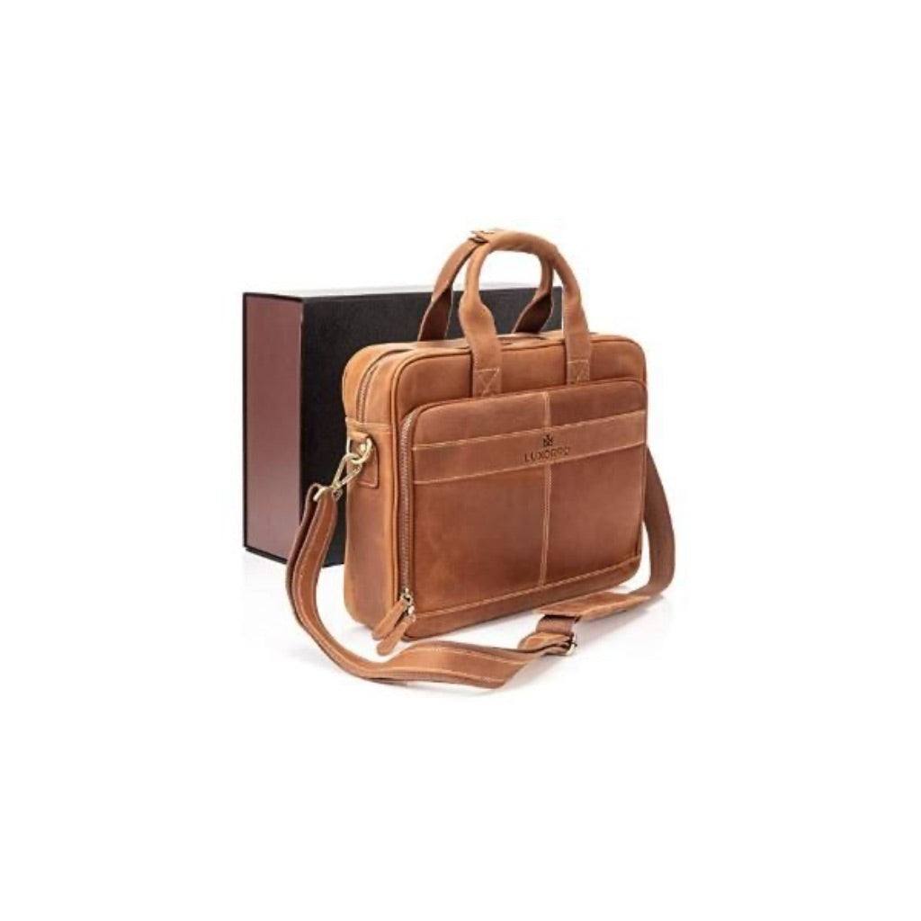 Luxorro Men's Slim Leather Briefcase/Laptop Bag - Light Brown