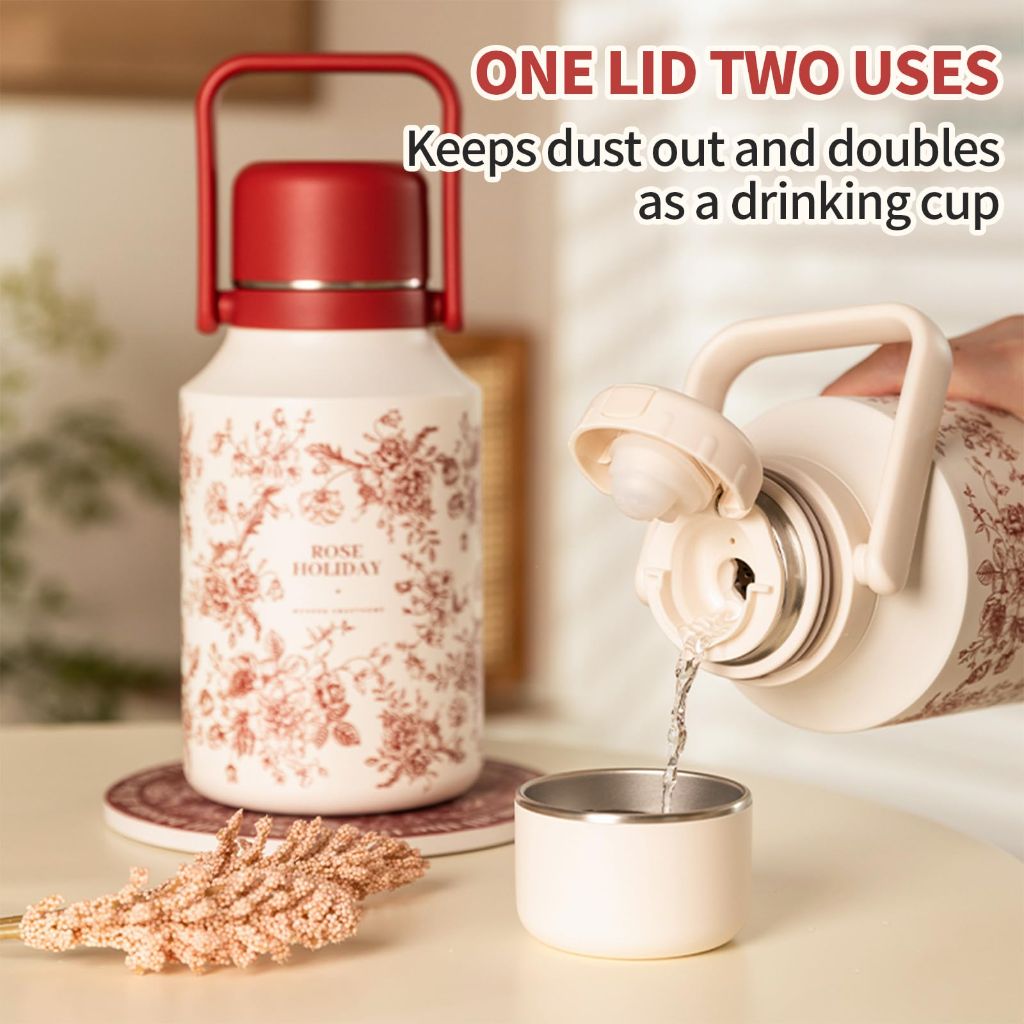 MDZF SWEET HOME Rose Holiday Series, Stainless Steel Insulated Jug with Handle & Tea Infuser for Travel, Hiking & Camping (Red, 35oz)