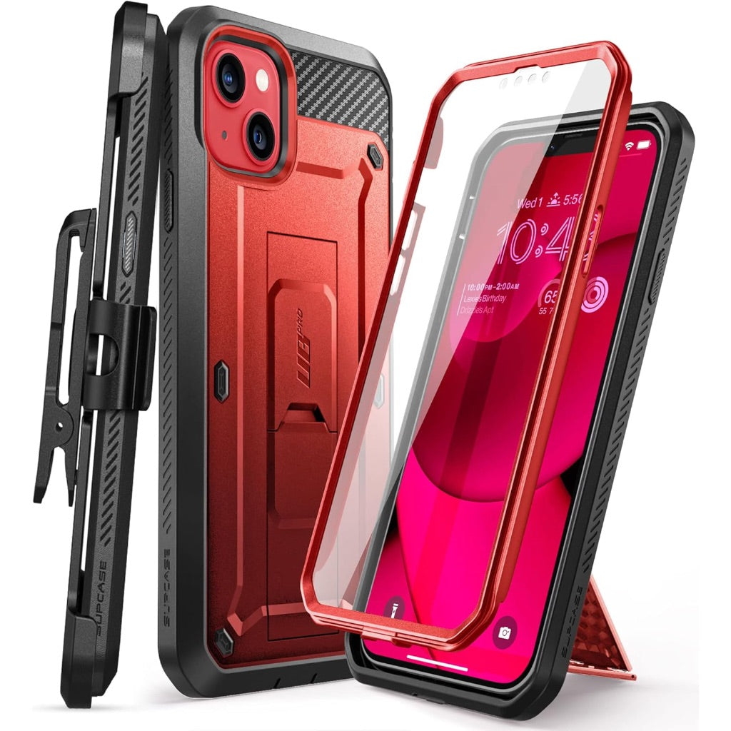 Supcase Heavy Duty Rugged Phone Case for iPhone 14 Plus - Built-In Screen Protector, Stand, Belt Clip - Ruddy Red