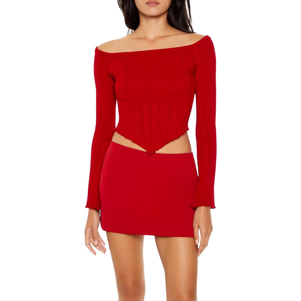 Forever 21 Womens Off-The-Shoulder V-Hem Sweater Size M (red)