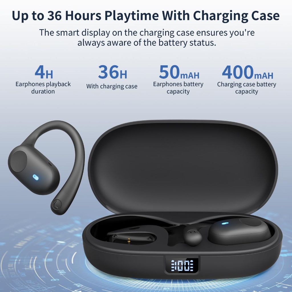 Eigsupia Open Ear Headphones, Bluetooth Headphones 5.3 Sports with Smart Digital Display,(Black)