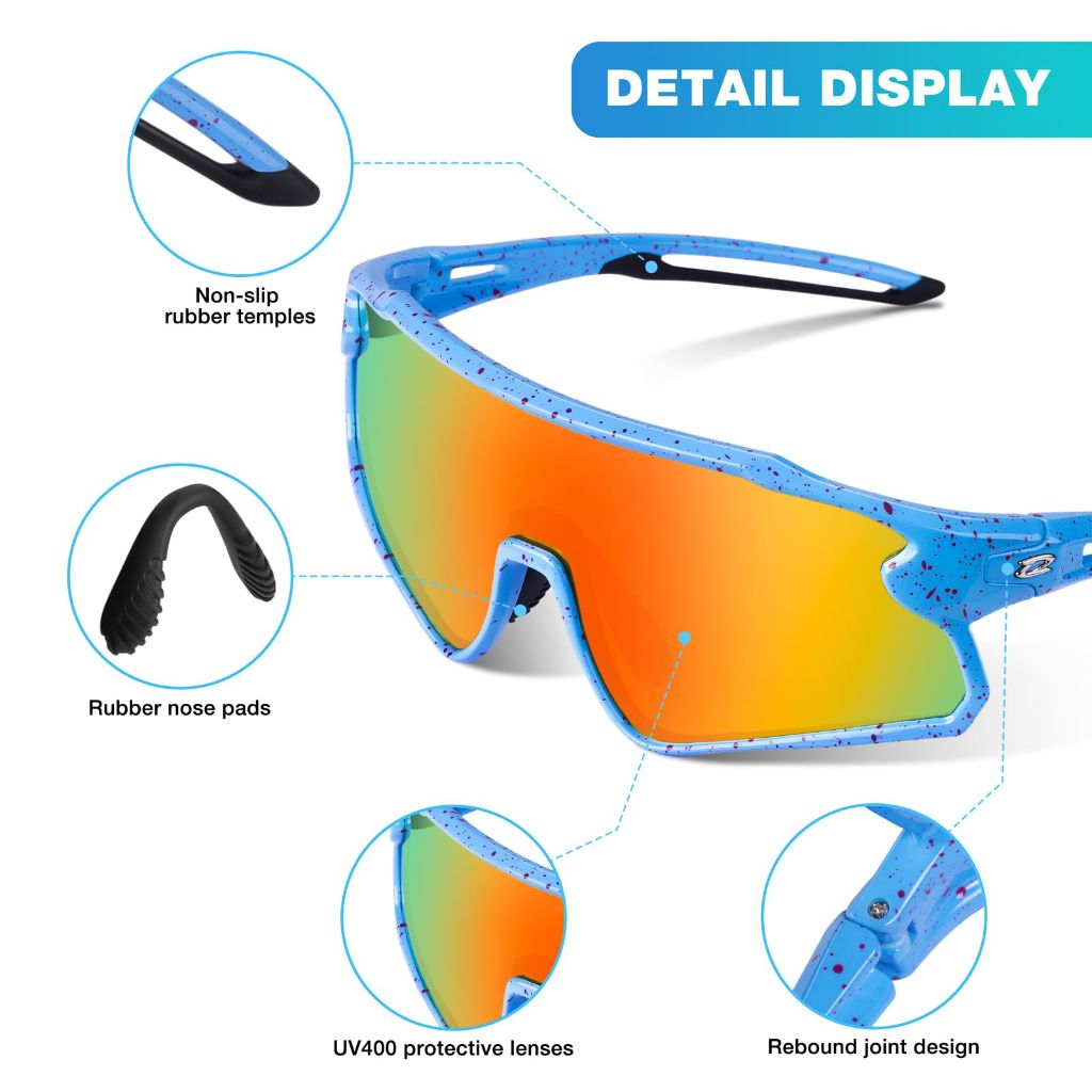 RIVBOS Youth Baseball Sunglasses for Kids(Boys&Girls)  - Black/Blue Magenta Dot Frame-Rainbow Lens RYS007