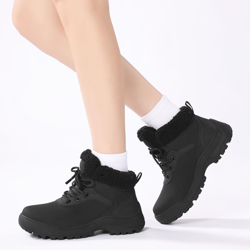 SZ 7, AZBZCZ Womens Snow Boots Ankle Non-Slip Cold Weather Fur Lined Warm Winter Shoes | Black