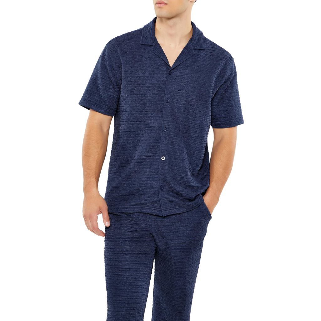 SZ 2XL, Forever 21 Men's Textured Cuban-Collar Shirt | Blue