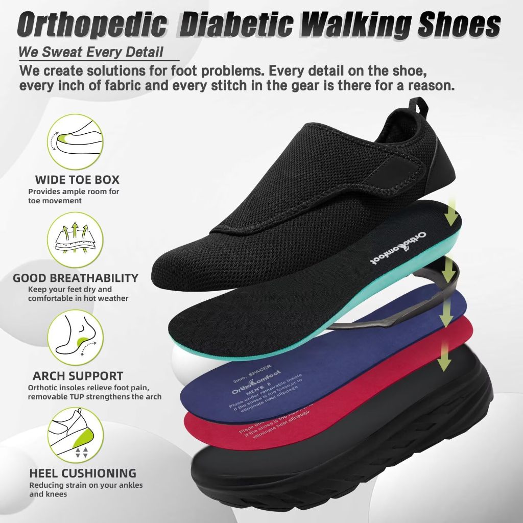 SZ 9.5, Women's Orthopedic Diabetic Extra Wide Width Toe Box | Black