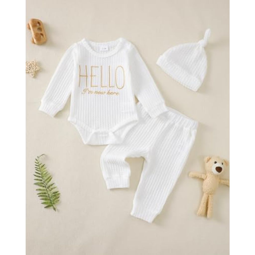 Renotemy Newborn Baby Boy Fall Clothes, Long Sleeve Letter Printed Rompers Plaid Pants Hat Outfits Clothing Set 0-18 Months