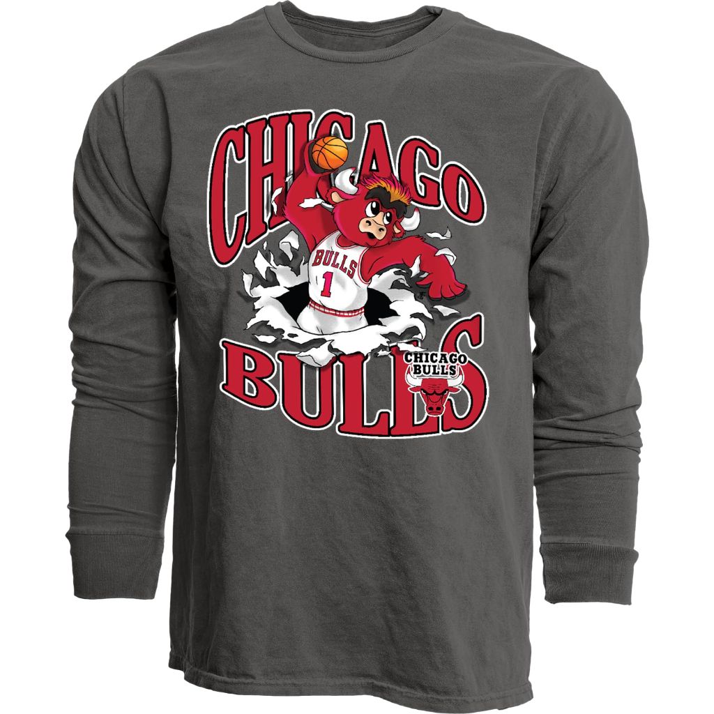 Chicago Bulls NBA Officially Licensed Long Sleeve T-Shirt Ringspun Slam Mascot Black, Medium