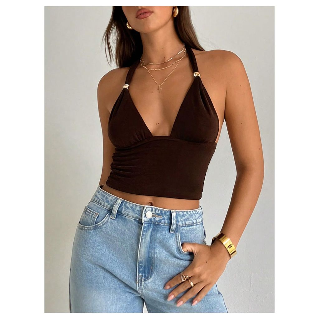 SOLY HUX Women's Deep V Neck Halter Crop Top, Coffee Brown, Medium