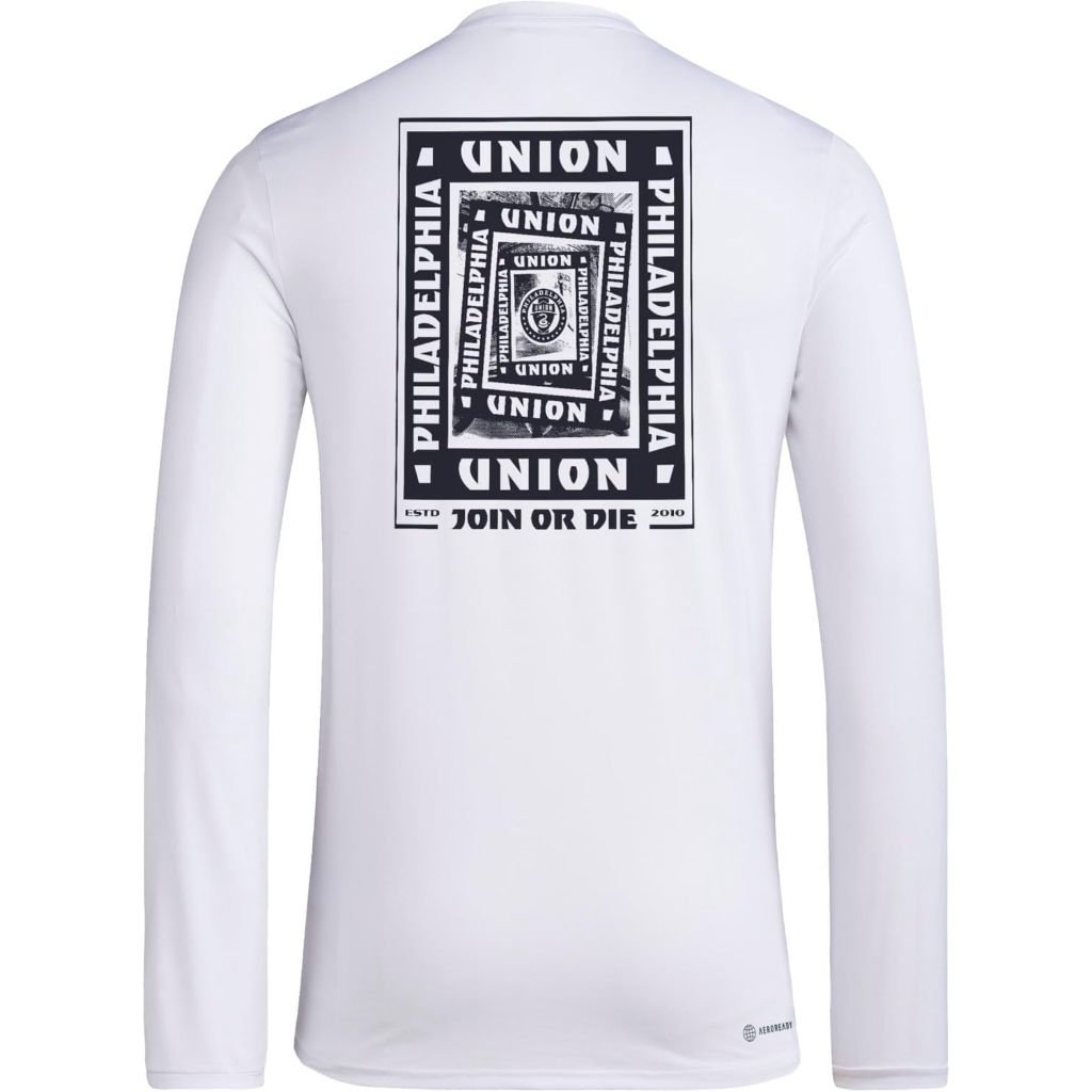 adidas Men's MLS Soccer Pre-Game Long Sleeve T-Shirt - Philadelphia Union, White (Small)
