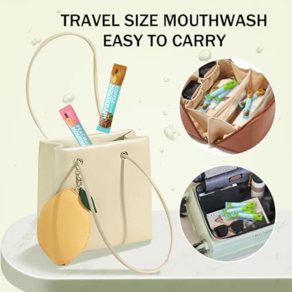 Mini Mouthwash Kit,Travel Size Portable Fresh Breath Mouth Wash,Coffee Peach Mint Flavor, 60 Individual Disposable Mouthwash Packs for Oral Care