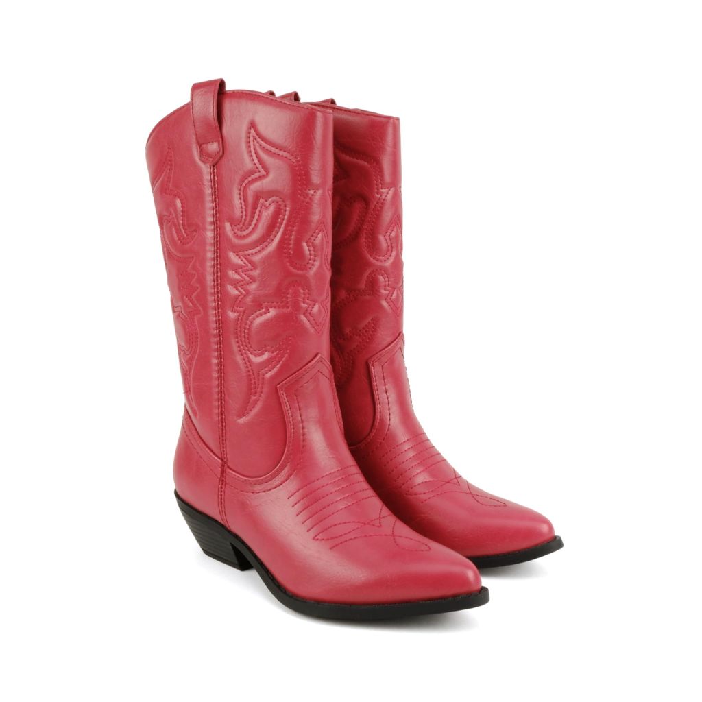 Soda “Rodeo” ~ Women's Knee High Western Cowboy Boots with Stitched Detailing, Pointed Toe, and Low Block Heel (A-red Pu, WIDE, 6.5)