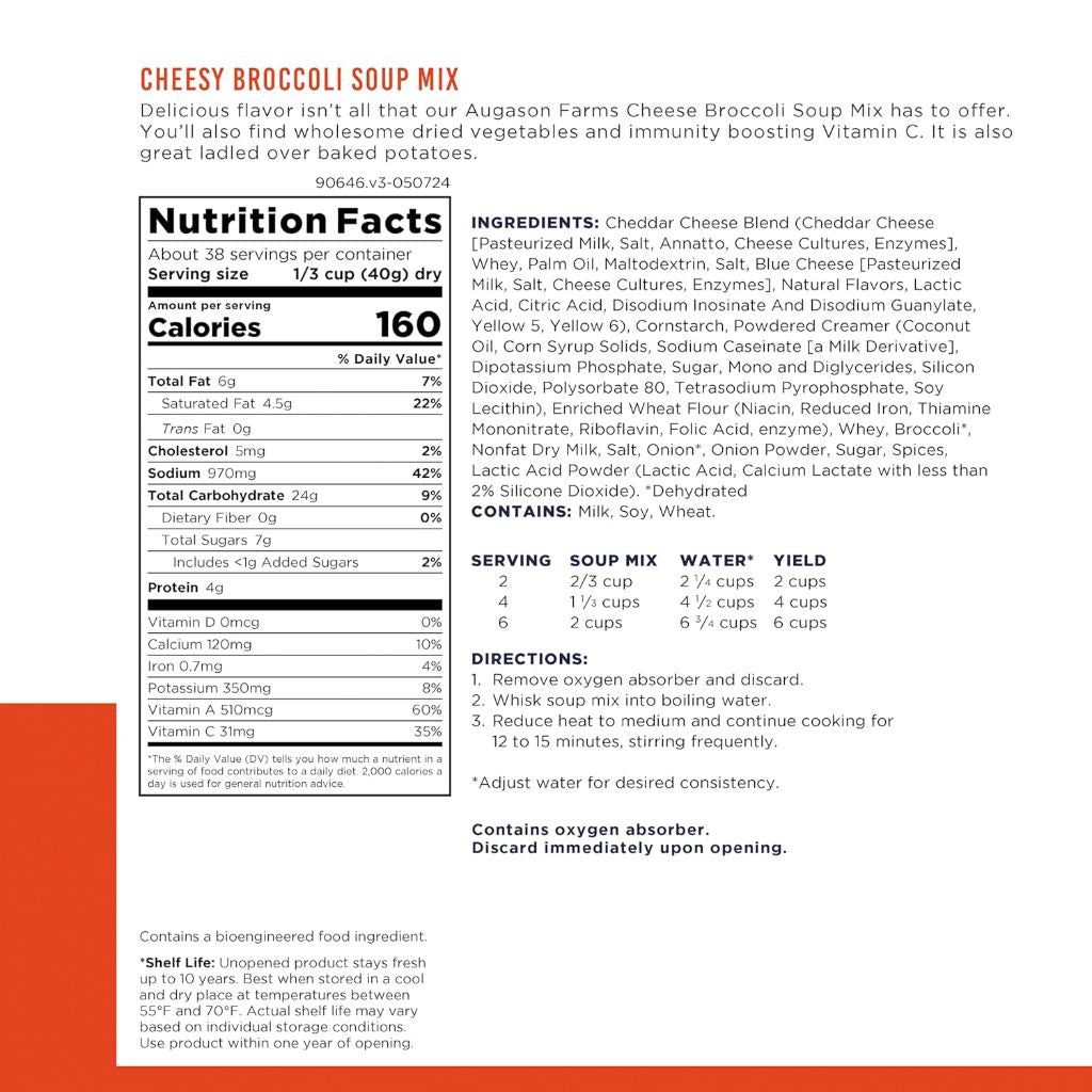Augason Farms Cheesy Broccoli Soup Mix, Emergency Food Supply, 38 Servings (3 lb 6oz)
