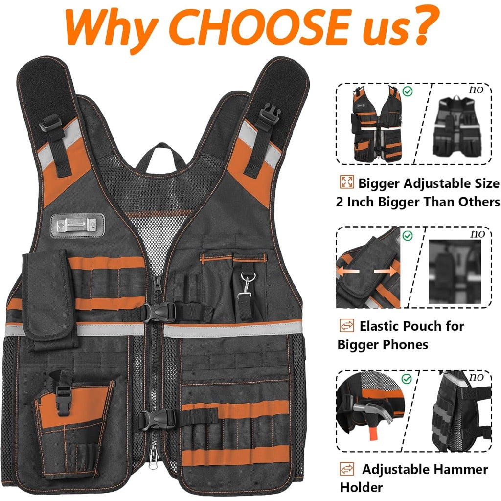 Electrician Tool Vest, Reflective Safety Work Vest with Adjustable Thick Straps, 22 Pockets