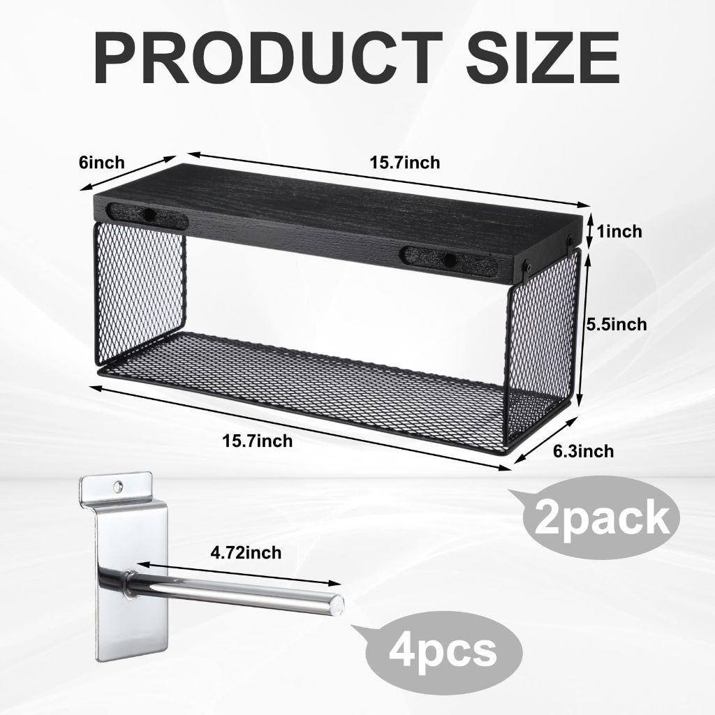 Blulu Metal Slatwall Baskets with Hooks - Black, 15.7" x 6" (2 Pack)