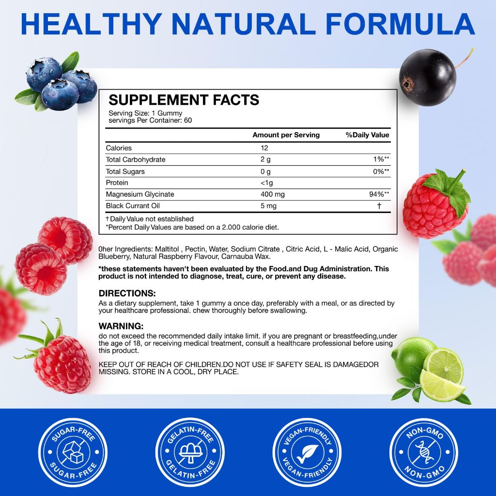 Magnesium Glycinate Gummies 400mg, for Women and Men, Body Support and Relaxation, 60 Gummies