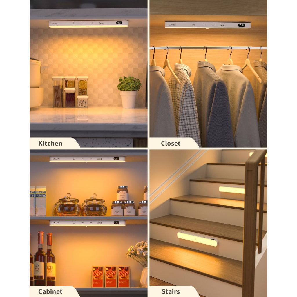 WILLED 3000K Closet Lights Motion Sensored, Battery Display, 60 LED Touch Light Bar, Motion Sensor Light Indoor, Under Cabinet Lights Rechargeable, Stick on Light for Closet, Kitchen, Hallway, 4 Pack