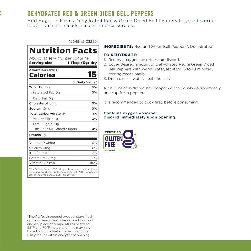 Augason Farms Dehydrated Diced Red & Green Bell Peppers, Emergency Food Supply, 20 oz (113 Servings)