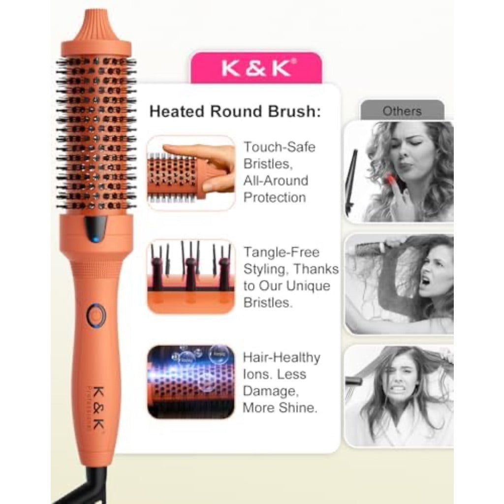 K&K Thermal Brush, 1 1/2 inch Heated Round Brush with Detachable Head, Velvet Pouch and Dual Voltage for Travel, Easy to Create Blowout Look, Cosmic Orange