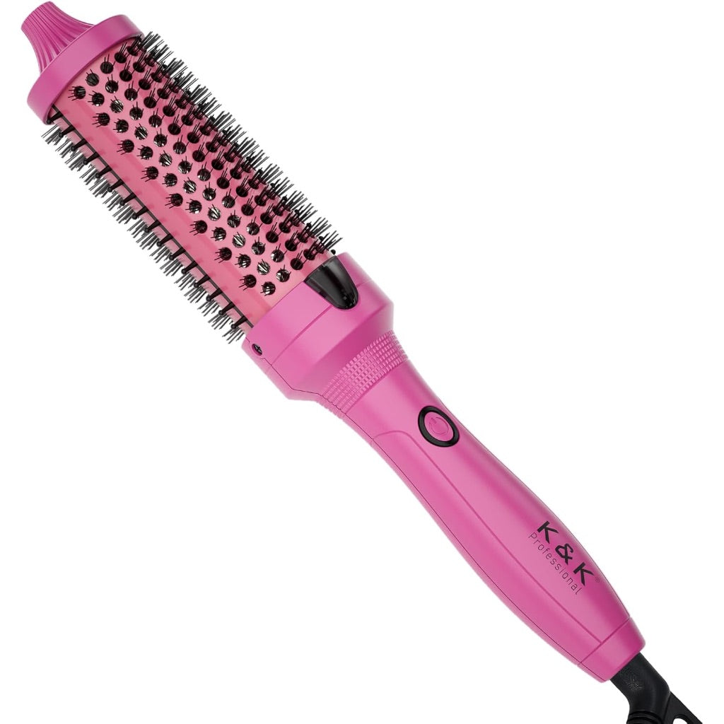 K&K Thermal Brush, 1.5 Inch Ionic Heated Round Brush, Professional Heated Ceramic Tourmaline Coating Curling Iron, Hot Styling Volumizing Tool, Dual Voltage, Pink
