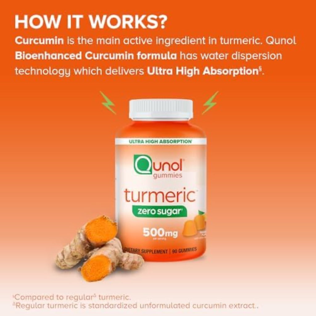 Qunol Zero Sugar Turmeric Gummies, Gummy with 500mg Turmeric Curcumin, Joint Support Supplement, Ultra High Absorption Turmeric Curcumin, Vegetarian, Gluten Free, 90 Count