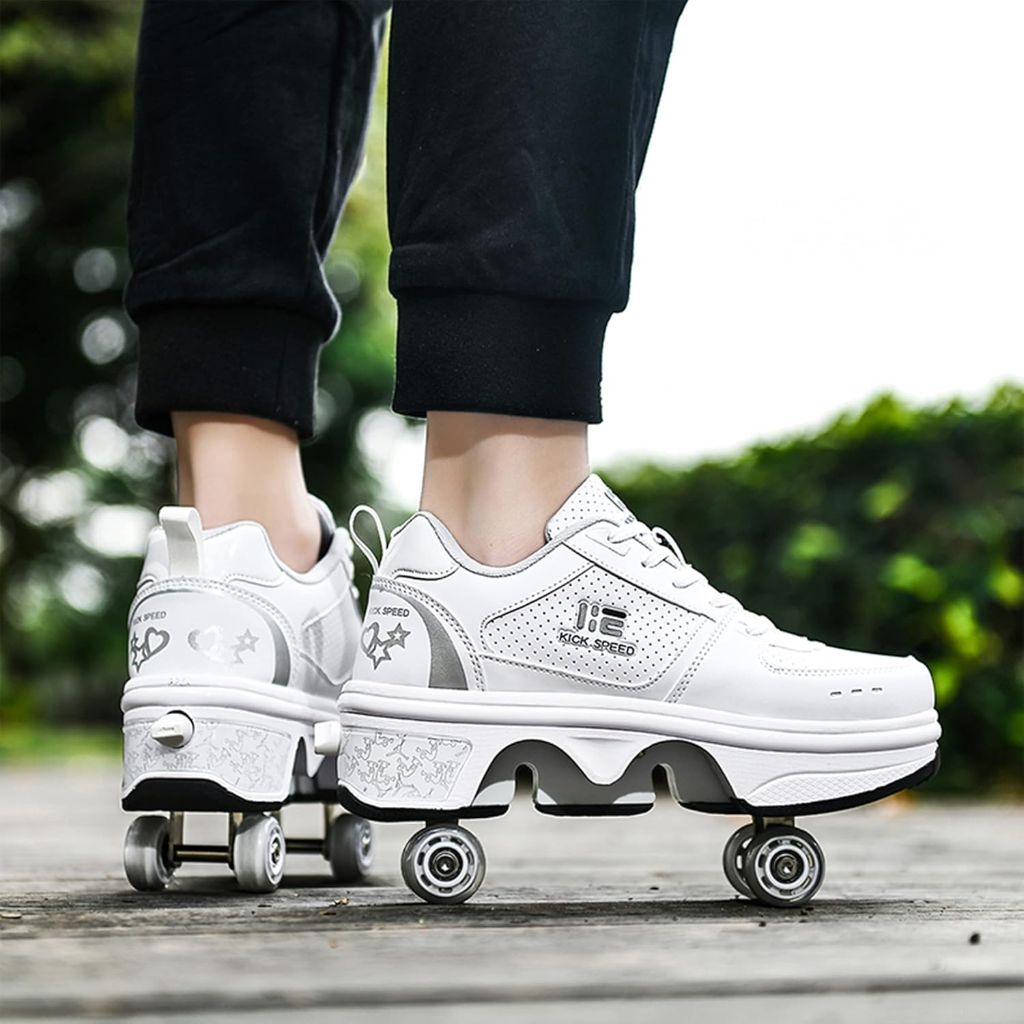2-in-1 Roller Skates Shoes with Retractable 4 Wheels & Pop-Out Deformation Sneakers Outdoor Sports Skating Shoes for Girls Boys size 4