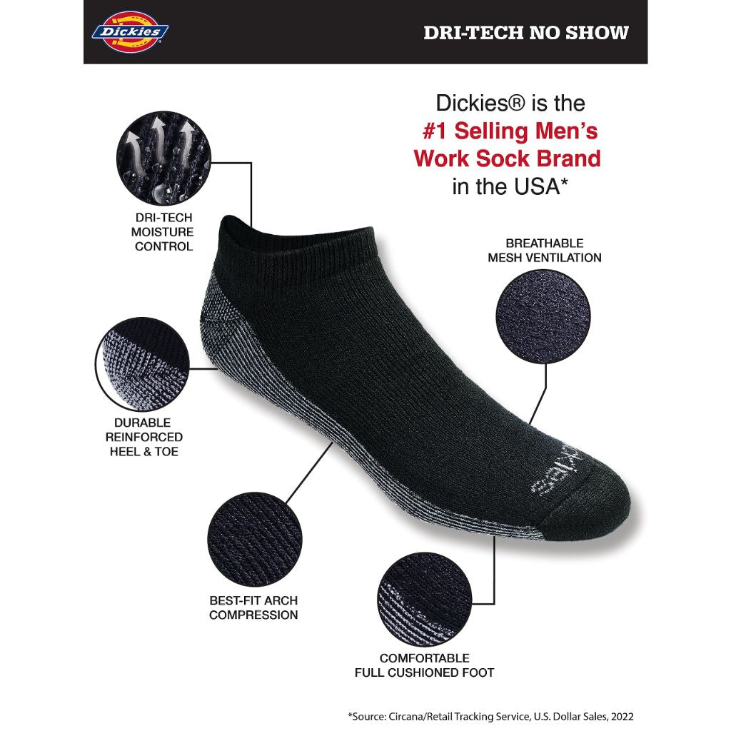 Dickies Men's Dri-Tech Moisture Control No Show/Low Cut Socks - Black, Size XL (12-15) (6 Pairs)