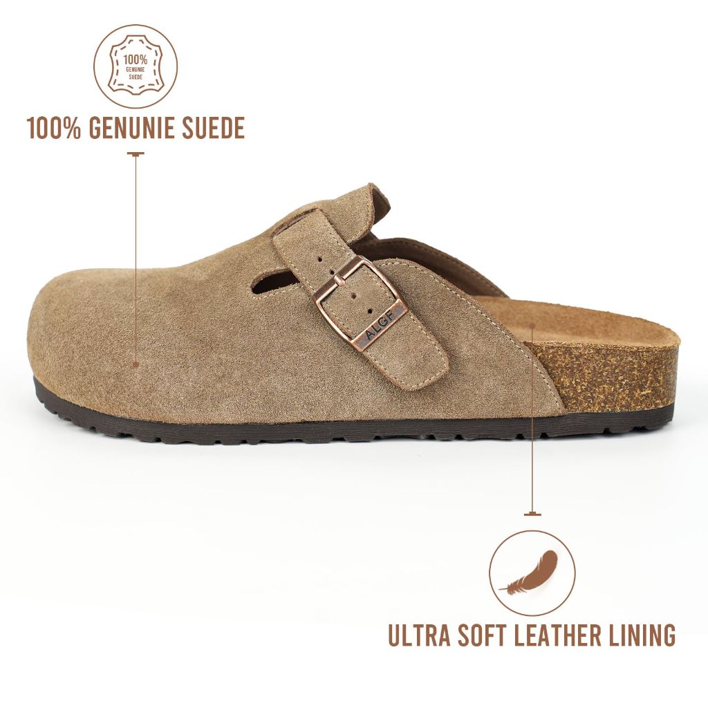 ALGF Women’s Genuine Suede Clogs for Women Slip-On Buckle Slides Women's Mules & Clogs Natural Rubber Cork Footbed Sandals Potato Shoes with Arch Support