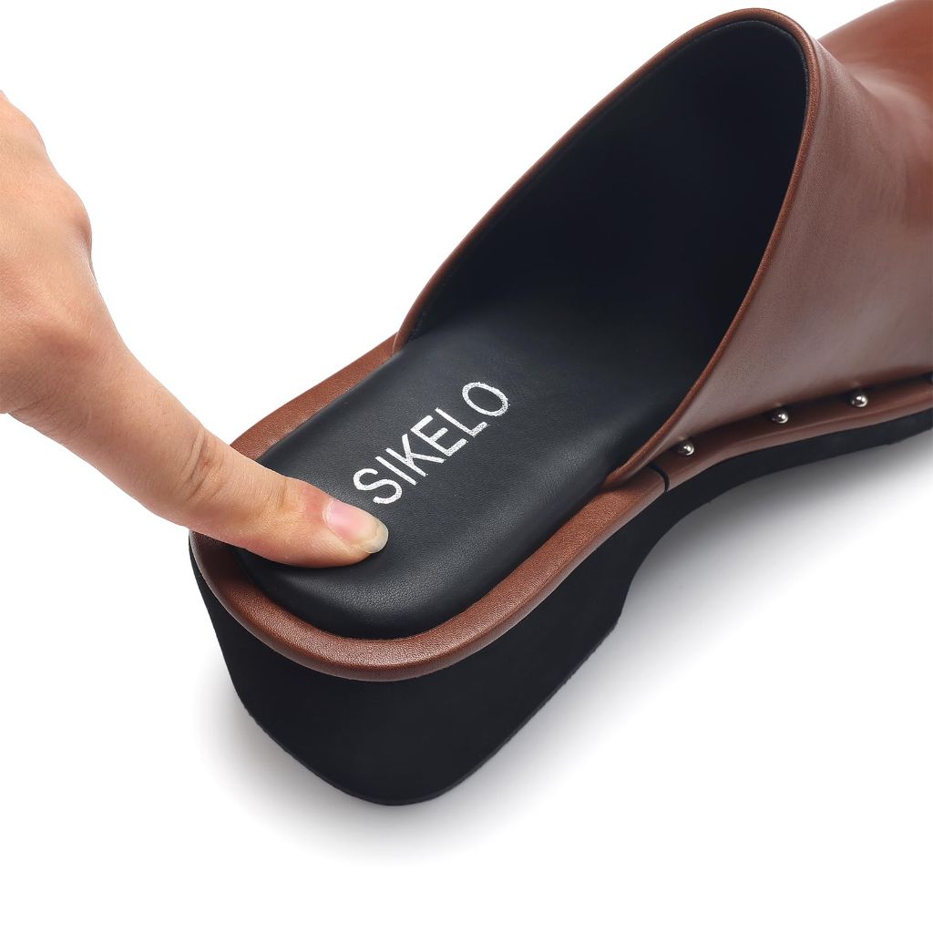 Mules for Women Clogs Chunky Block Heel, Chestnut - size 42