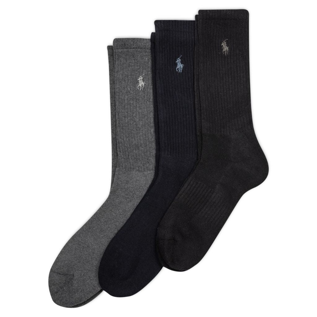 POLO RALPH LAUREN Mens Ribbed Casual Crew Socks - 3 Pair Pack Cotton Comfort & Heel-toe Reinforcement PP Rib, Gray Assorted, 6-12.5 US