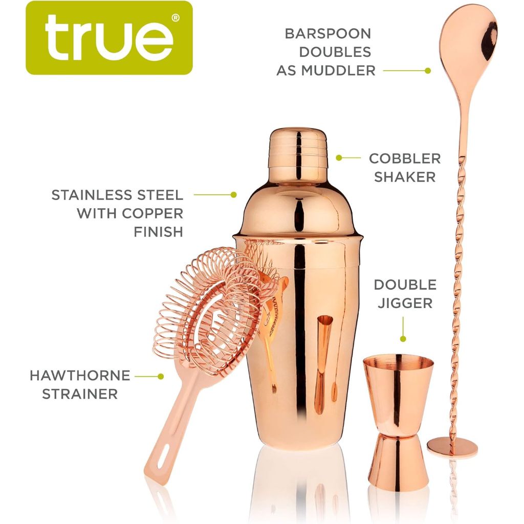 True Bar Cocktail Shaker Set Bartender Kit, Cocktail Mixer Set - Copper, 4pcs.