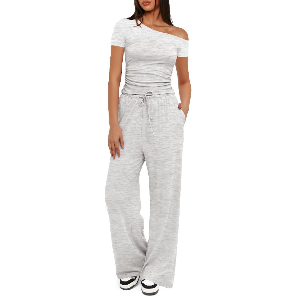 Darong Two Piece Sets for Women, Off The Shoulder Neck Top, Wide Leg Pants, White/Grey, M