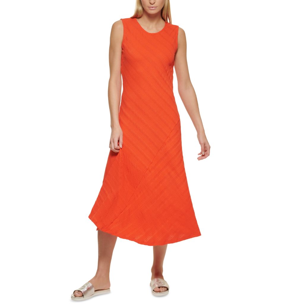 DKNY Women's Textured Stripe Sleeveless Midi Dress - Molton Orange, Size XS