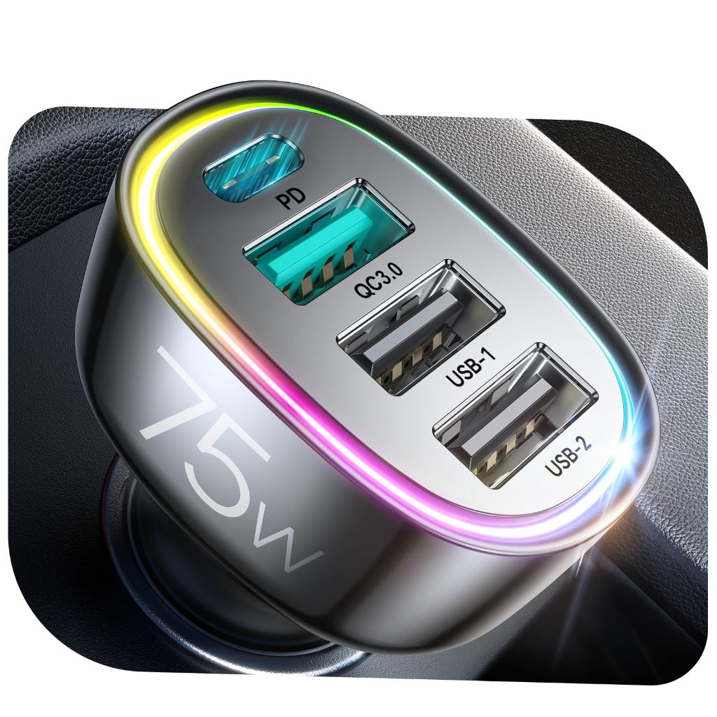 FLYLEAD - 75W Car Charger USB C, 4 Port Super Fast Cigarette Lighter USB Charger