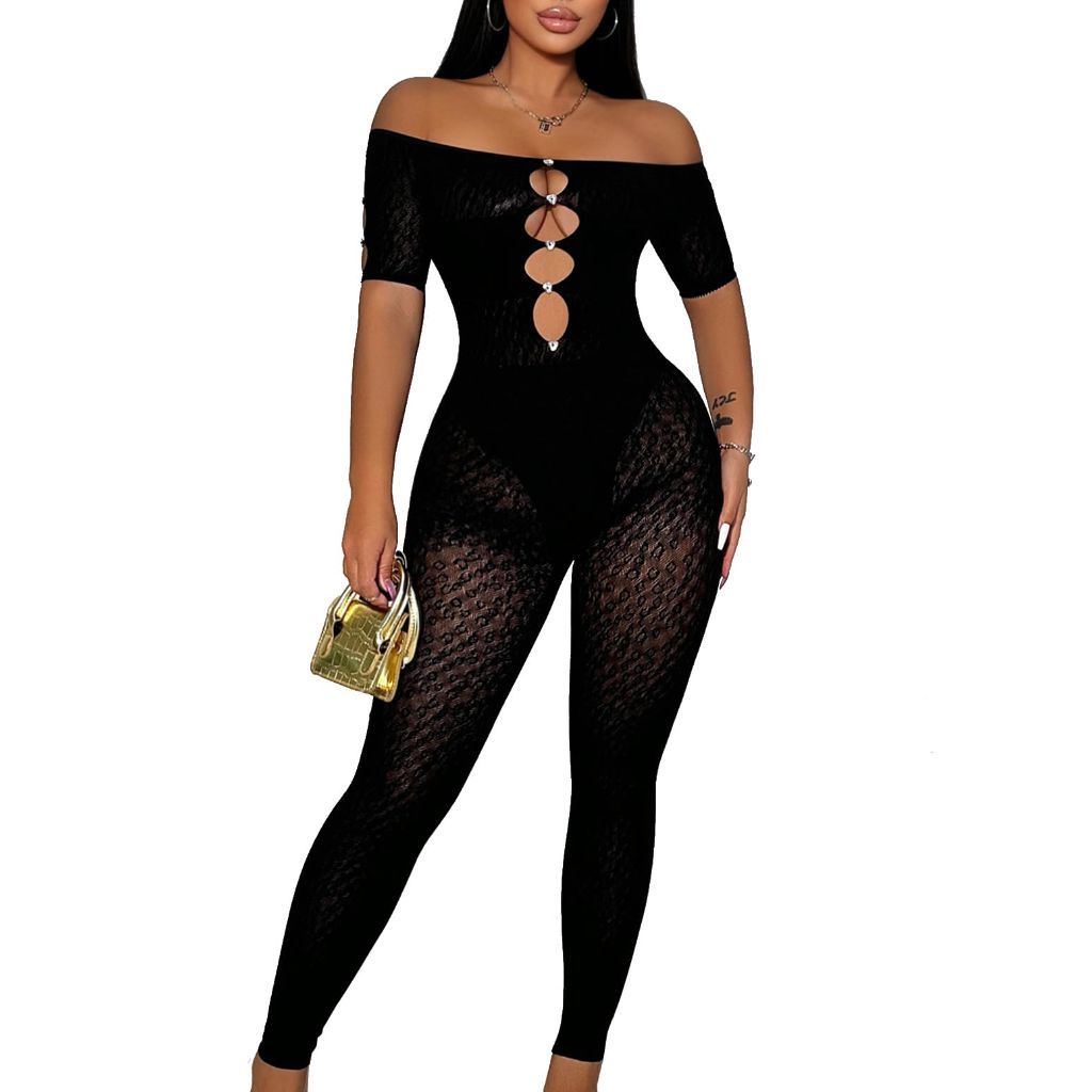 WEICHUJIAN Women Sexy See through Hollow Mesh Leopard Print Rhinestone Club Short Sleeve Bodycon Jumpsuit (Black, Large/X-Large)