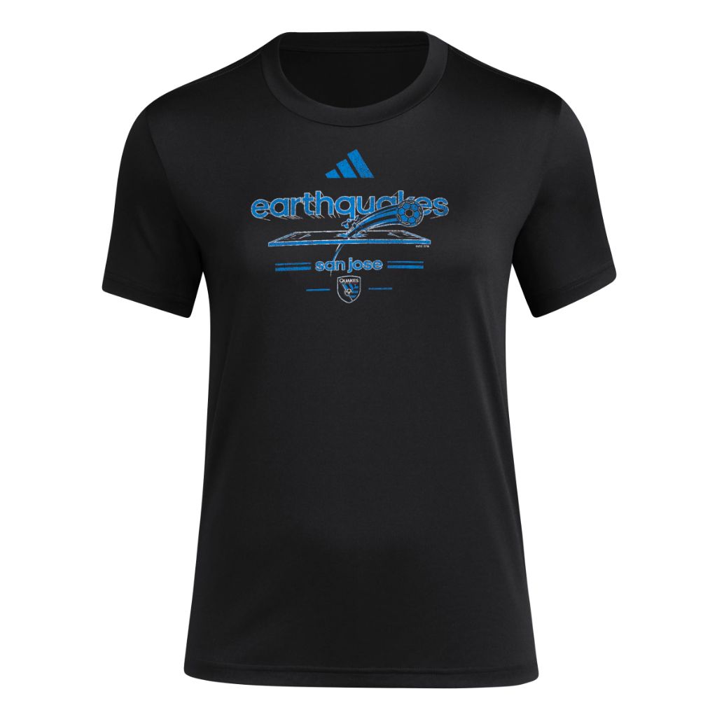 SZ XL, Adidas Womens San Jose Earthquakes Pre-Game Short Sleeve Soccer T-Shirt | Black / Blue