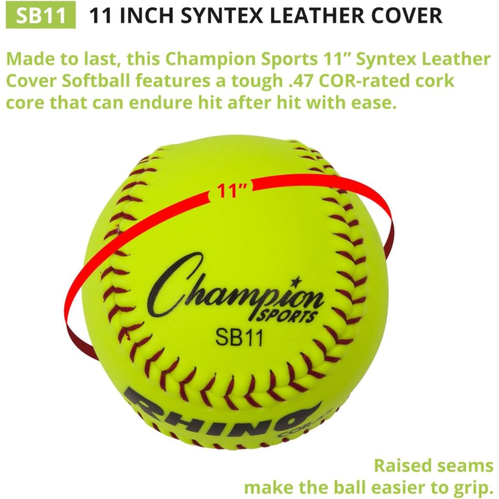 Champion Sports 11" Synthetic Leather Cover Softballs - Cork Core - Medium Compression - NFHS Approved - Raised Seams - Optic Yellow - Pack of 12