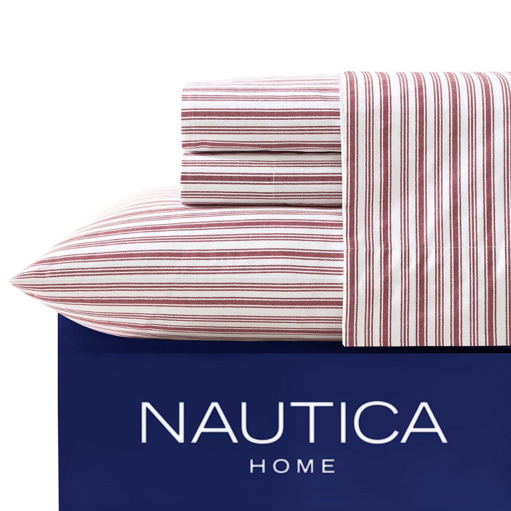 Nautica - Twin Sheets, Cotton Percale Bedding Set, Fully Elasticized, Ideal Dorm Essentials (Coleridge Stripe Red, Twin)