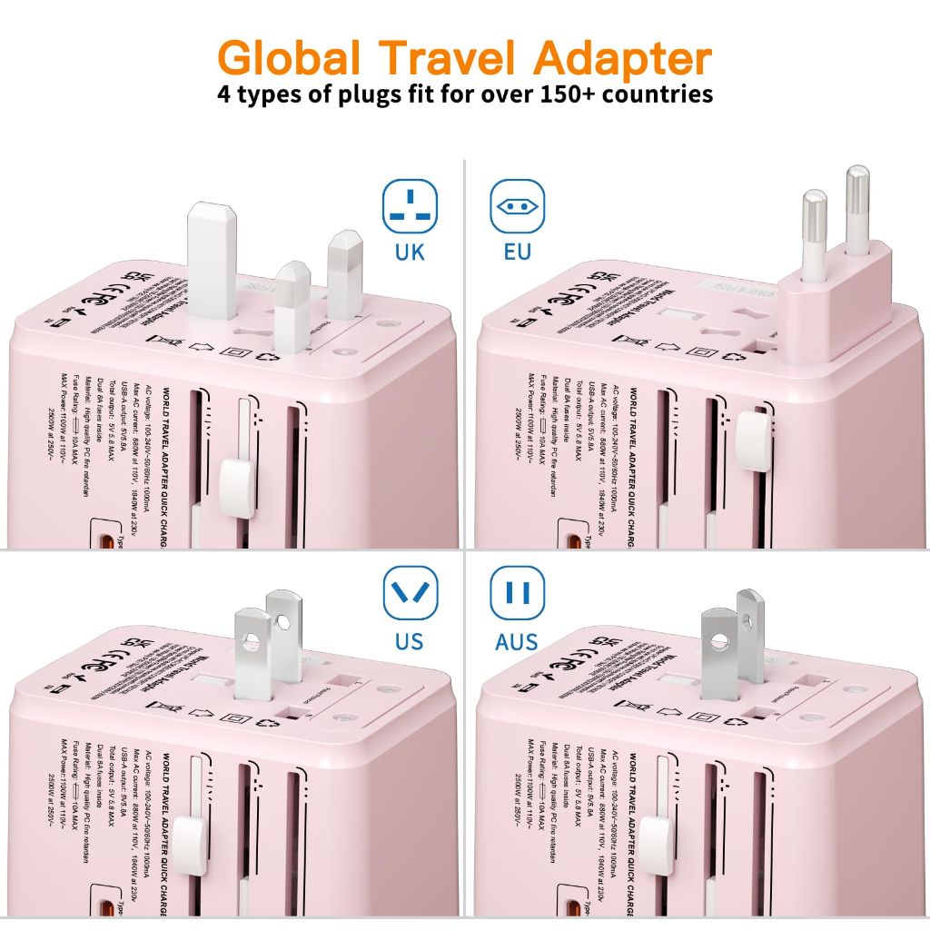 FATYER Universal Travel Adapter, 120w GaN International Plug Adapter - Pink