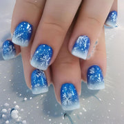 Short Square Blue Christmas Press-On Nails with Snowflakes (24pcs)