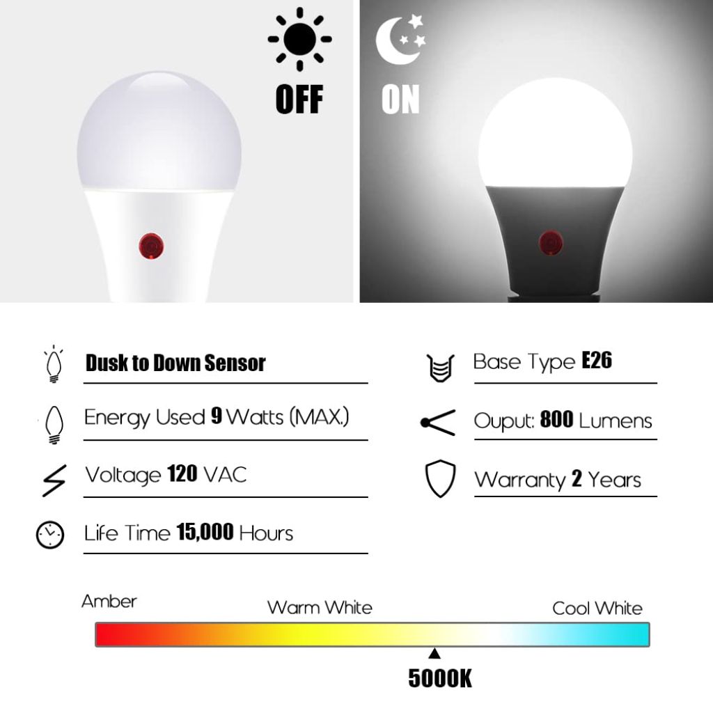Emotionlite Sensor Light Bulbs Outdoor, Neutral White LED Bulbs, 60 Watt Equivalent