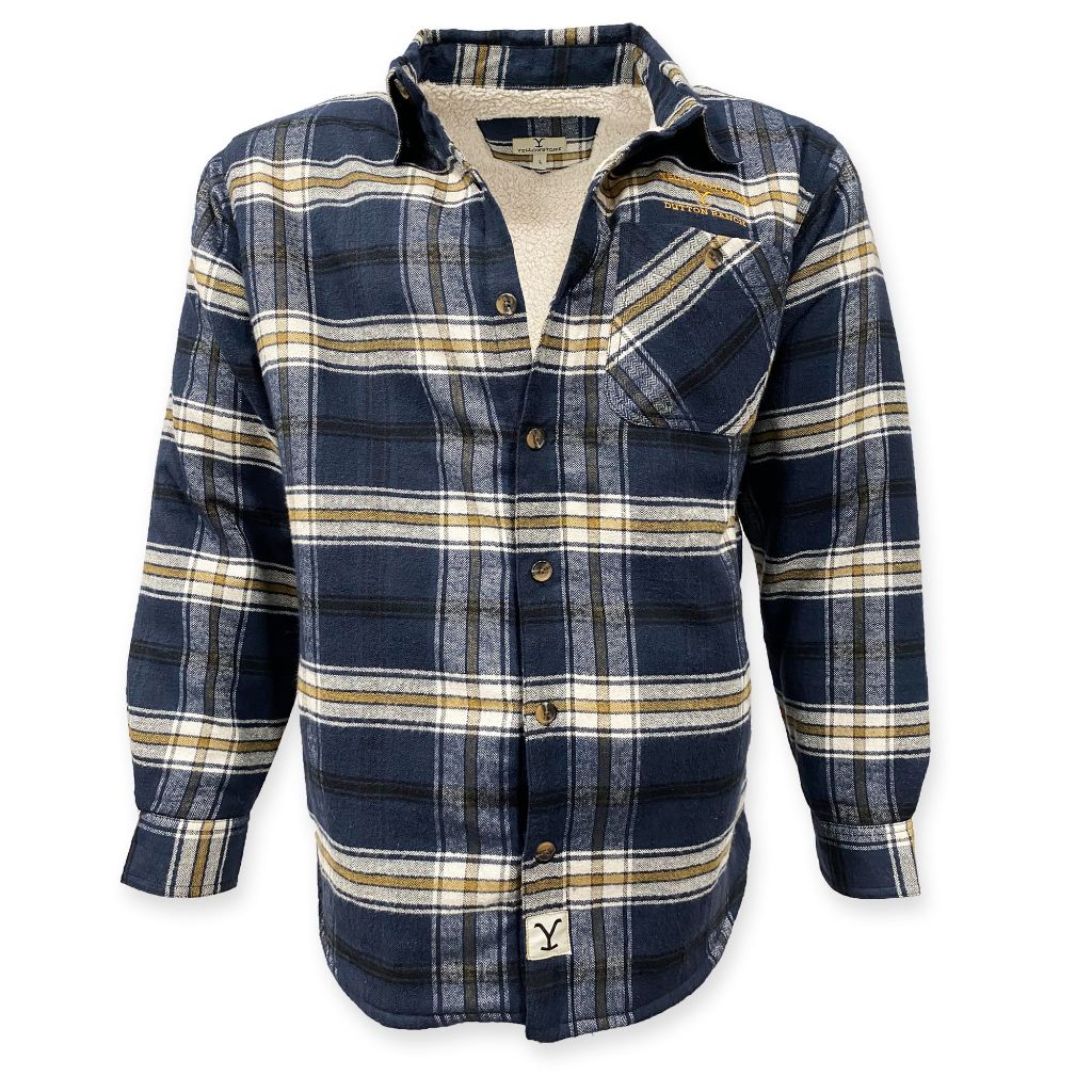 Yellowstone Dutton Ranch Flannel Shirt Jacket w/Sherpa Lining Navy/Yellow, SZ M