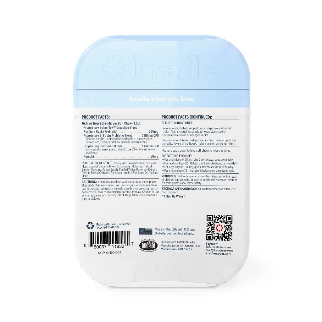 Kradle Probiotic Chews for Dogs - 3-in-1 with Prebiotic Postbiotic Digestive Support - Salmon Flavor - 90 Chews