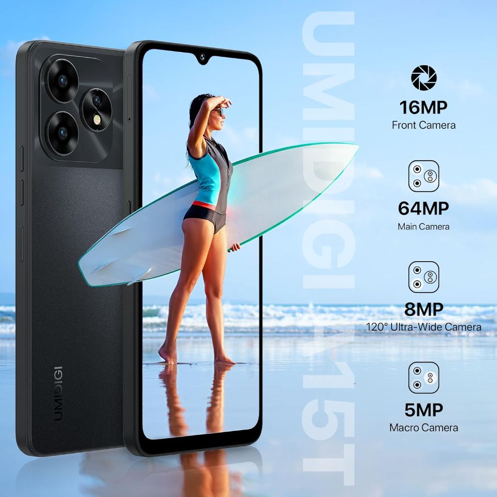 UMIDIGI Unlocked Android Phone, A15T NFC, 5000mAh (8+8)+128GB/TF 1TB Expand, Black