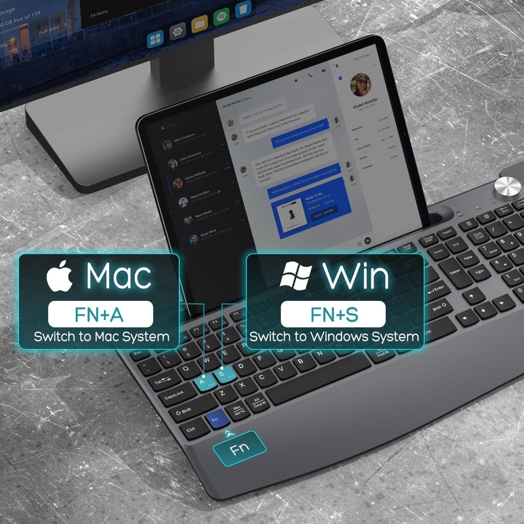 Ergonomic Wireless Keyboard and Mouse with Wrist Rest, Phone Holder, Full-Sized, Low-Profile, Quiet - Gray